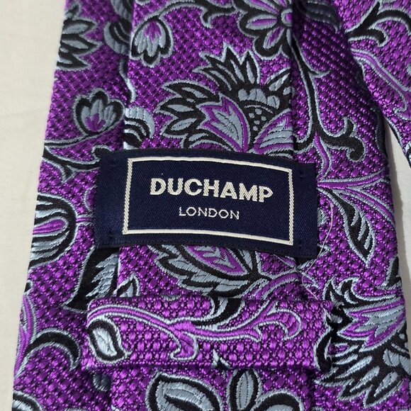 Duchamp London Hand Made in England Silk Necktie Purple Floral 3 1/2" x 59 1/2" - Picture 4 of 6